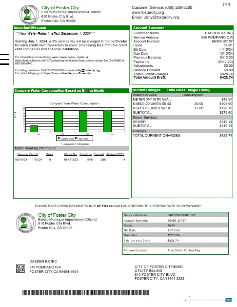 Download USA CITY OF FOSTER CITY business utility bill Word and PDF template Photoshop template